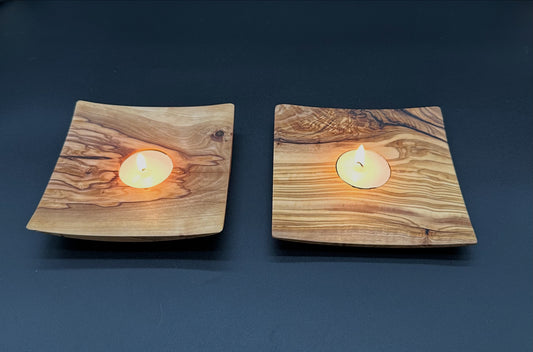 Olive Wood Tea Light Candle Holder Pair